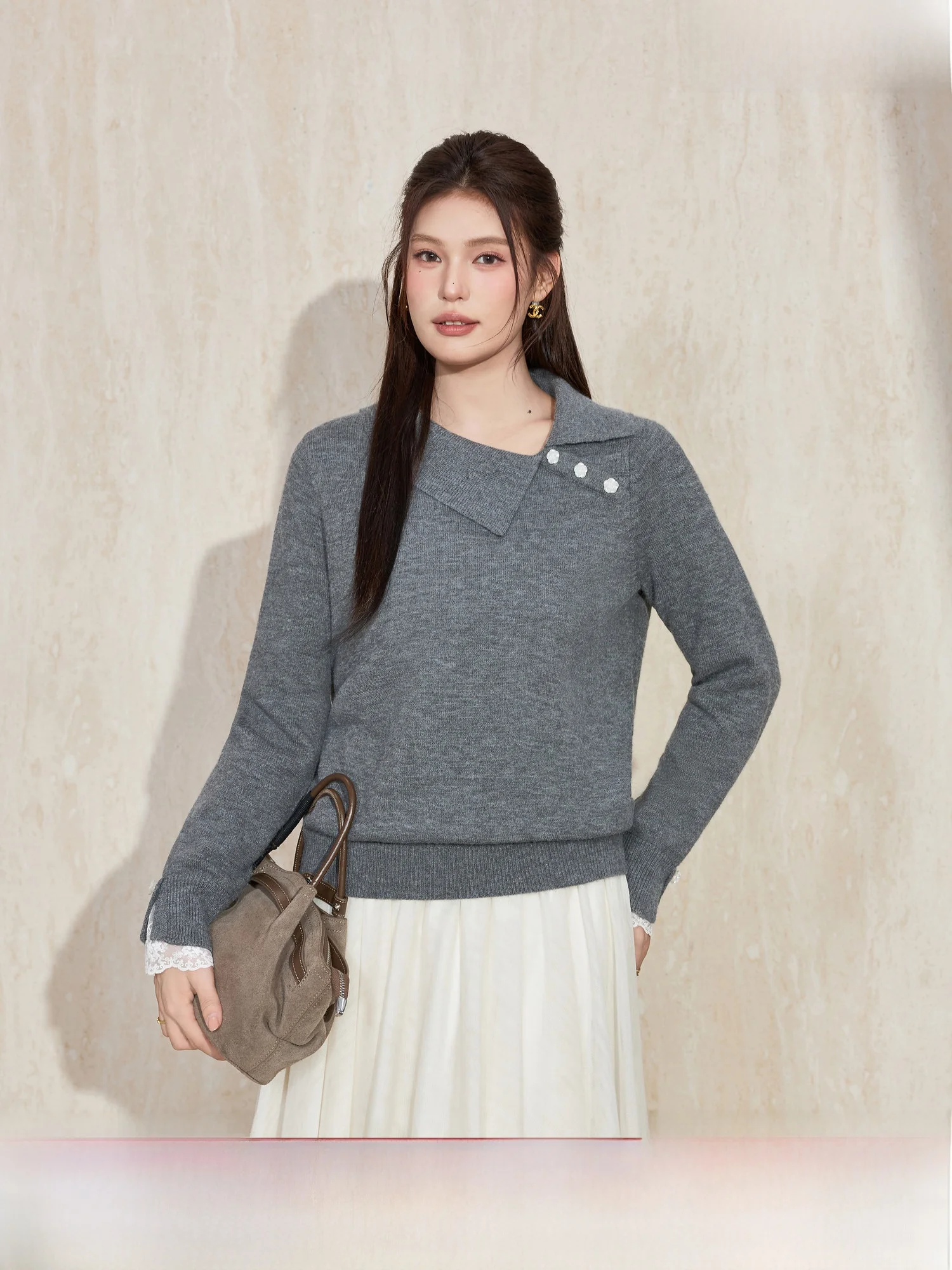 

Asymmetric Flip-Collar Knitted Sweater with Lace Cuff Large Size Winter New Arrival Ele Base Layer Blue Language Women's ...