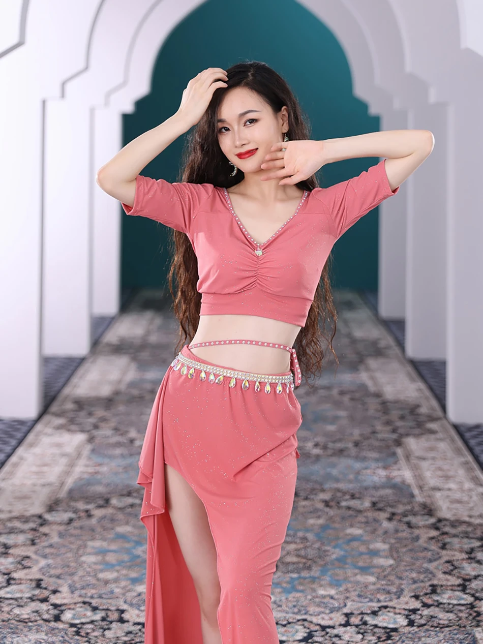 Conjunto de 2 uds. De Top y falda, traje de danza del vientre, traje Sexy para mujeres adultas, traje de trabajo puesta en escena, ropa de entrenamiento para práctica