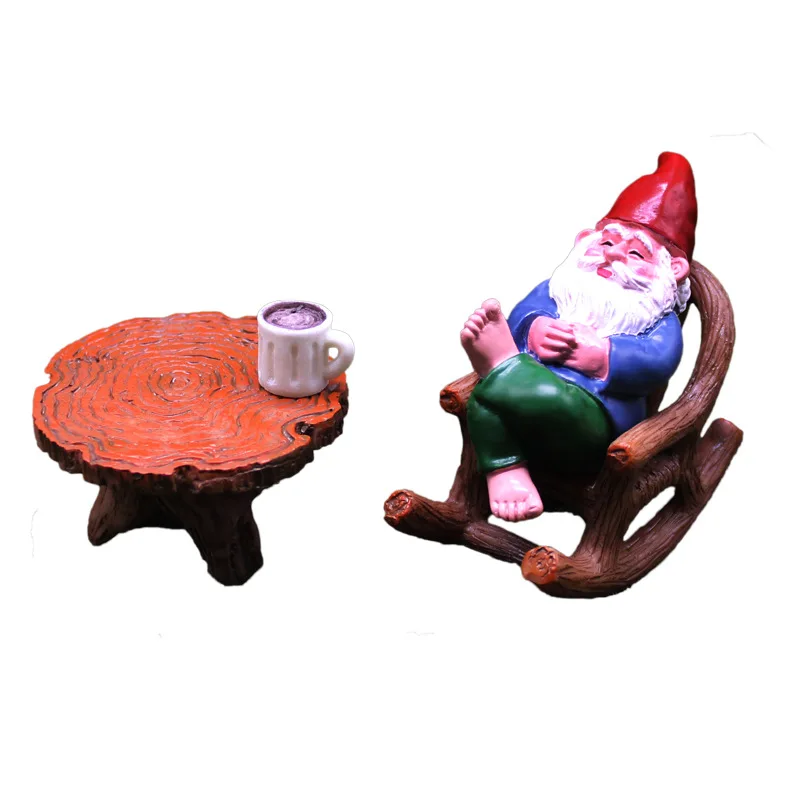 Gnome Dwarf Rocking Chair Figurine Lazy Gnome Rocking Chair Coffee Table Fairy Garden Micro Landscape Home Decor Ornament