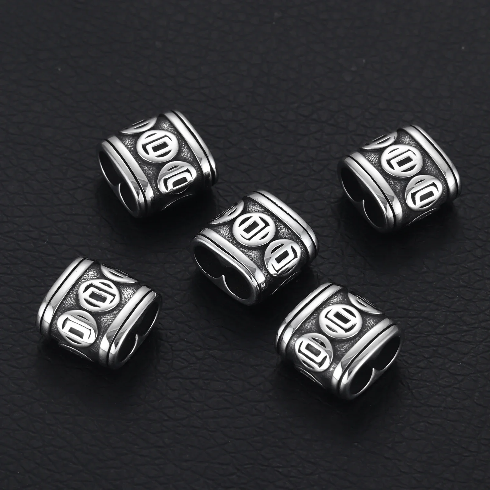 Stainless Steel Slider Beads Coin Patterned Double Hole 5mm for Leather Bracelet Making Jewelry DIY Slide Charm Accessories
