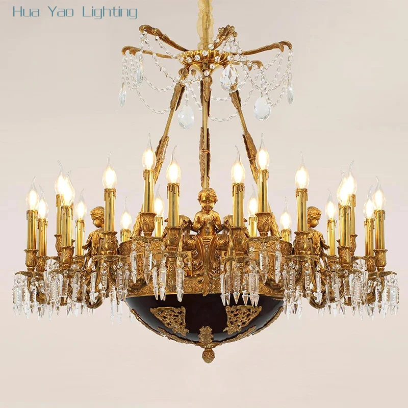 

French luxury villa living room large chandelier European style dewaxed copper crystal retro angel atmosphere