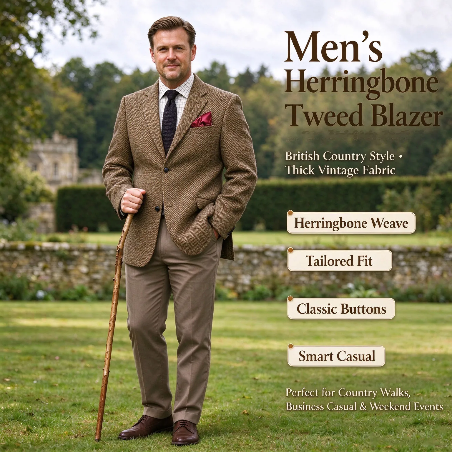 Men's Grey Herringbone Pattern Suit Jacket Retro Single Breasted Casual Top for Autumn Commuting 2025