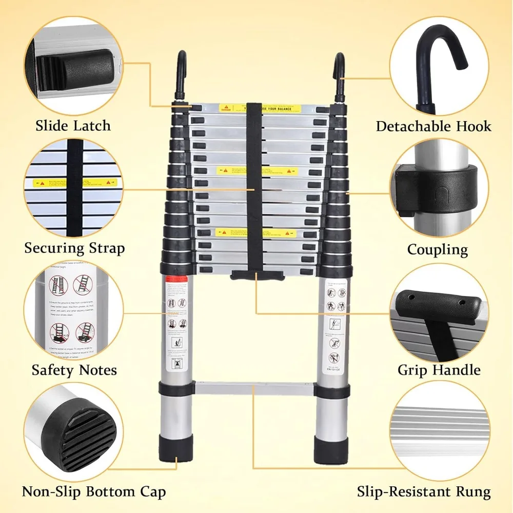 سلم ألومنيوم متعدد الأغراض قابل للتمديد بطول 14.5 قدم قابل للطي ومدمج ومحمول للسلامة سلم علوي تمديد