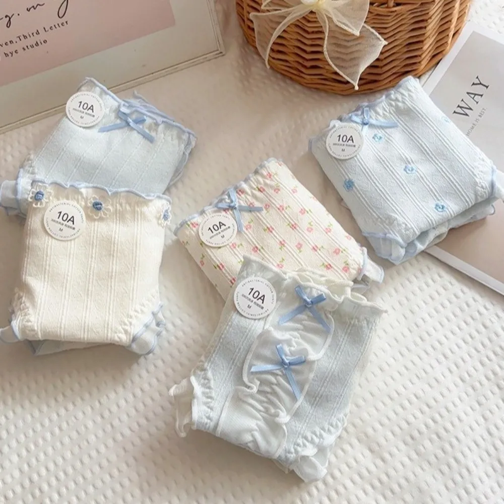 Fashion Bow Floral Cotton Panties Mid Waist Comfortable Underwear for Women Ruffle Sweet Flower Briefs Spring Summer