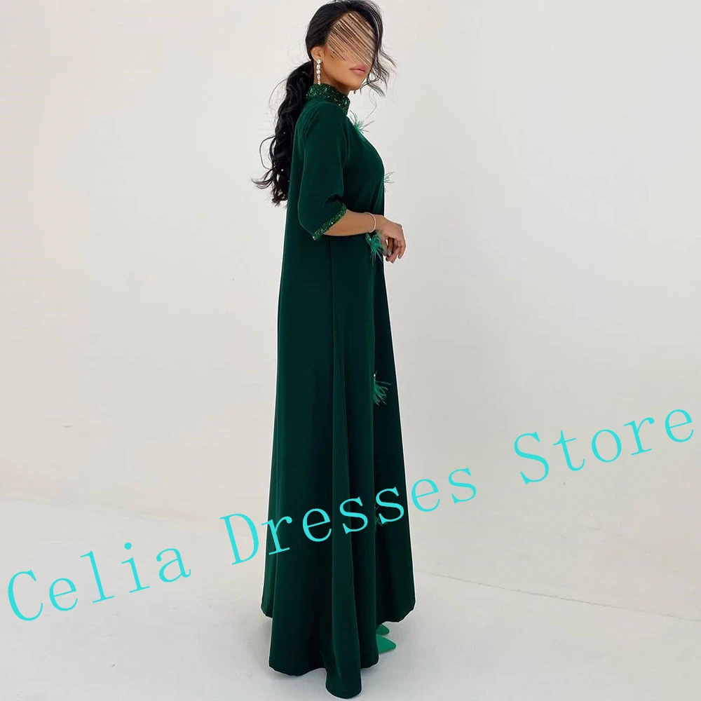 Feathers Crystal Formal pleats Evening Dress Green Modern Long Sleeves Jersey Straight Floor Length High Neckline Prom Gowns