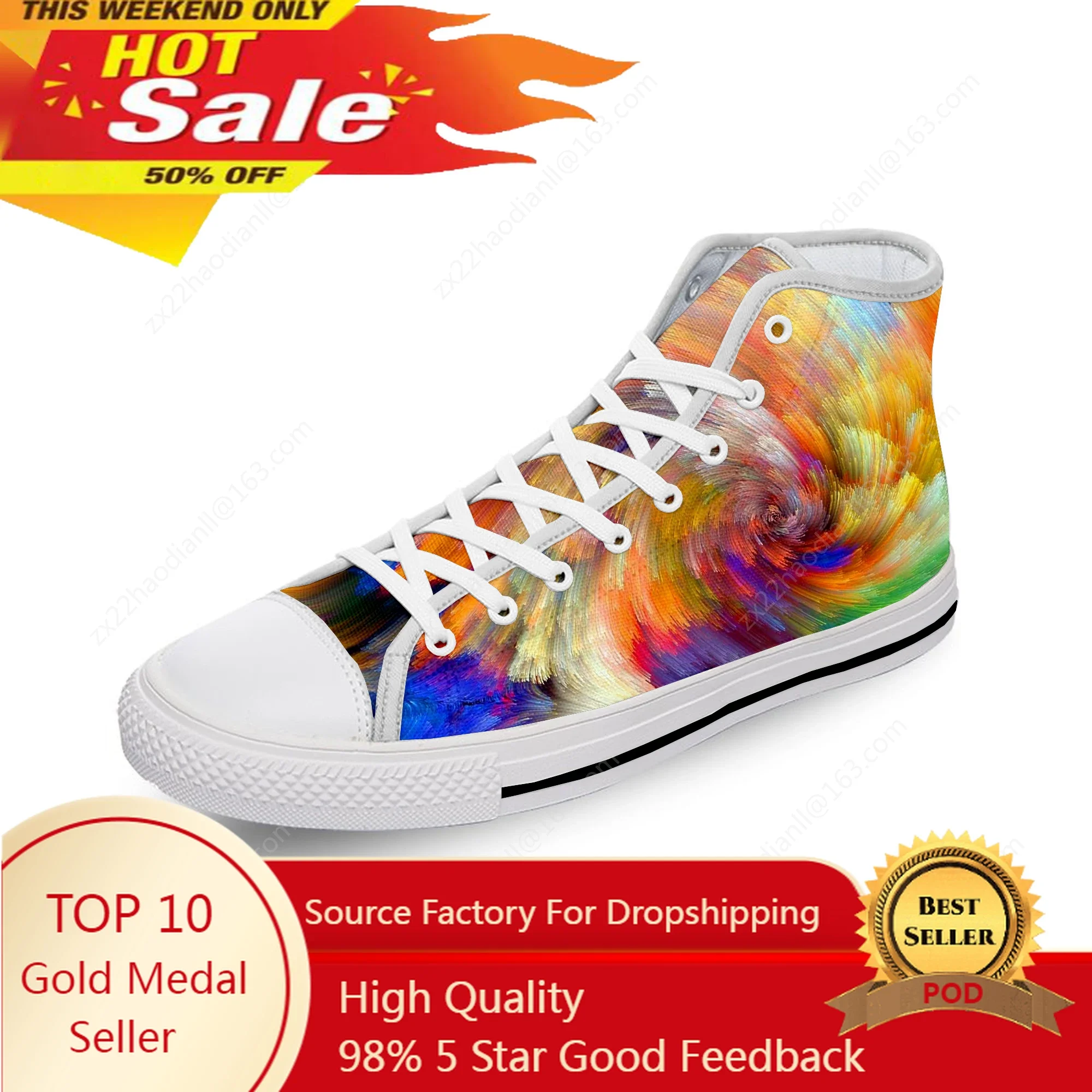 

Cartoon Tie Dye Pattern Aesthetic White Cloth Fashion 3D Print High Top Canvas Shoes Men Women Lightweight Breathable Sneakers