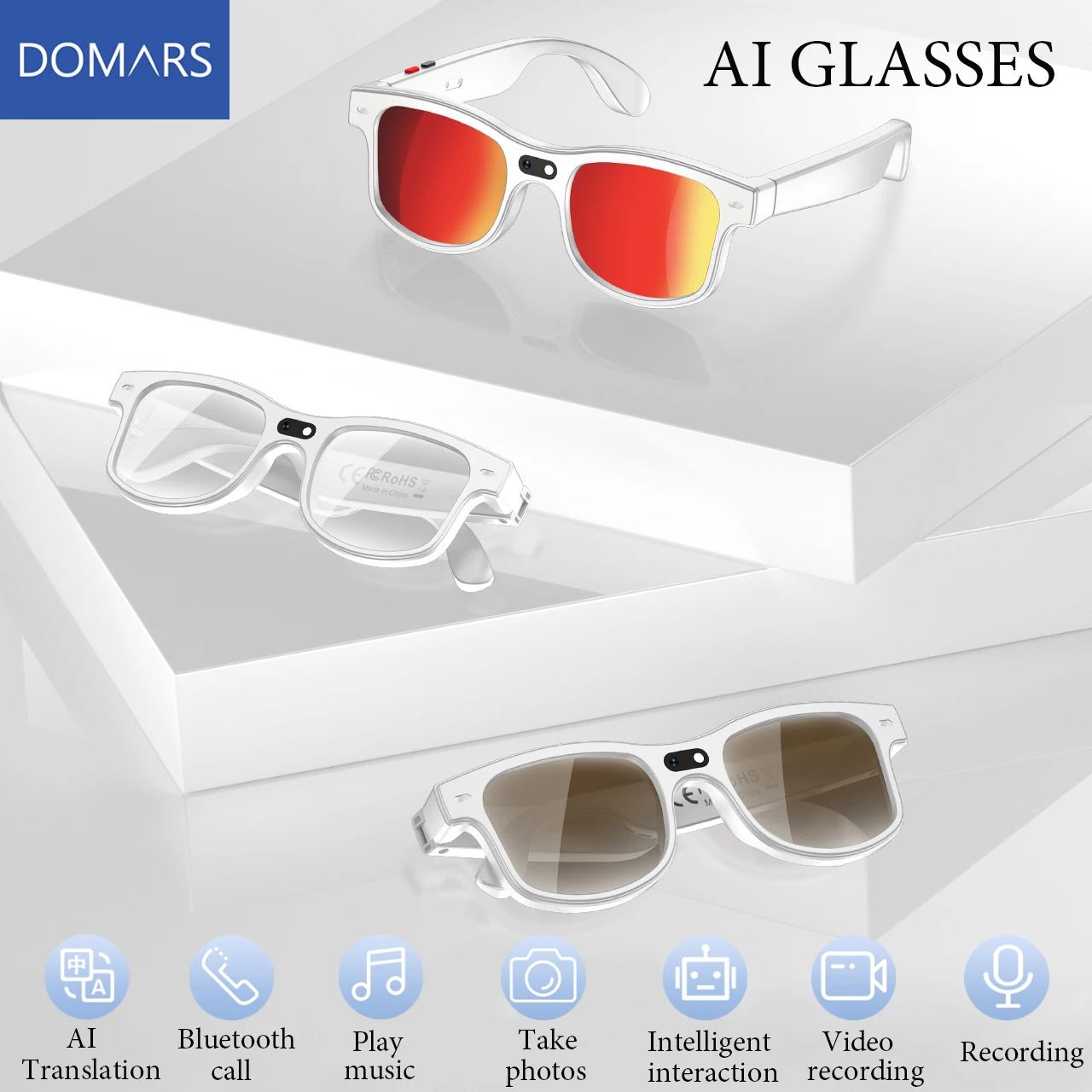 Domars Smart AI Glasses ChatGPT Real-time Translation Voice Assistant AI Image Recognition Wi-Fi Transmission Unisex Glasses
