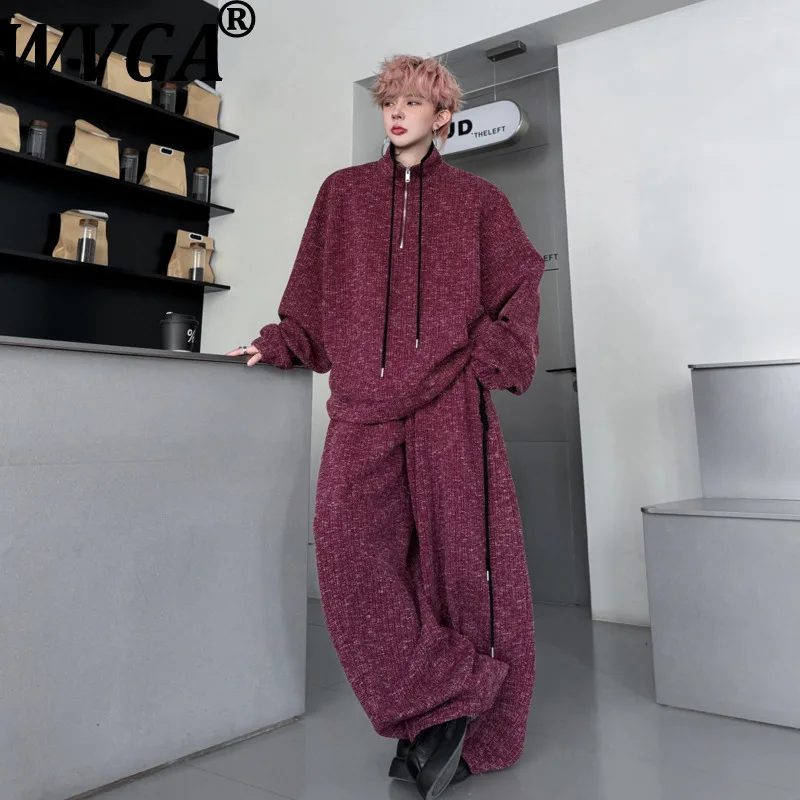 WVGA Spring New Men Tide Stand Collar Color Block Ribbon Trendy Pullover Sweatshirts Niche Chic Casual Wide-Leg Pants Set W18597
