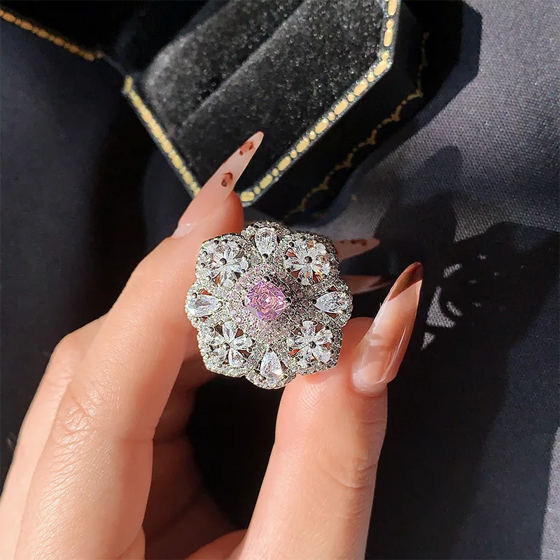 925 Silver Delicate Sweet Full Diamond Zircon Ring Women Fashion Flower Jewelry Party Birthday Wedding Gift