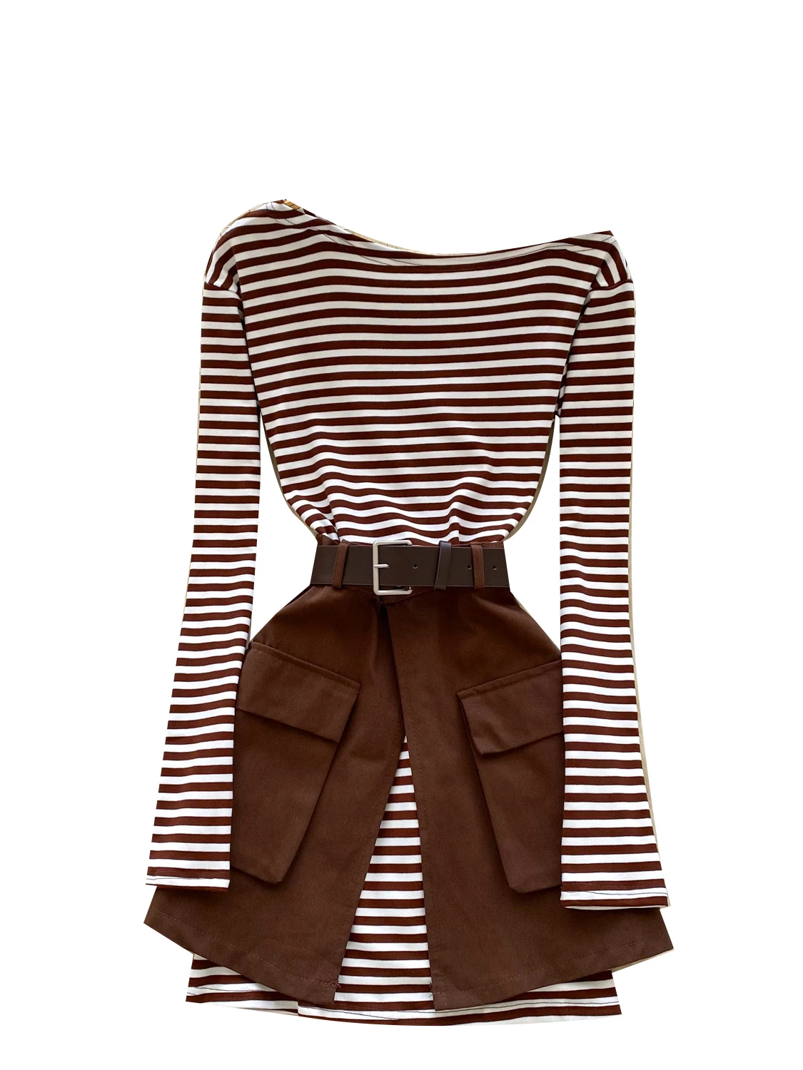 Korean Sle Women's Slim Fit Striped T-irt Dr oulder Design Long Sve High Waist f Skirt Two Piece Set Casual Wear