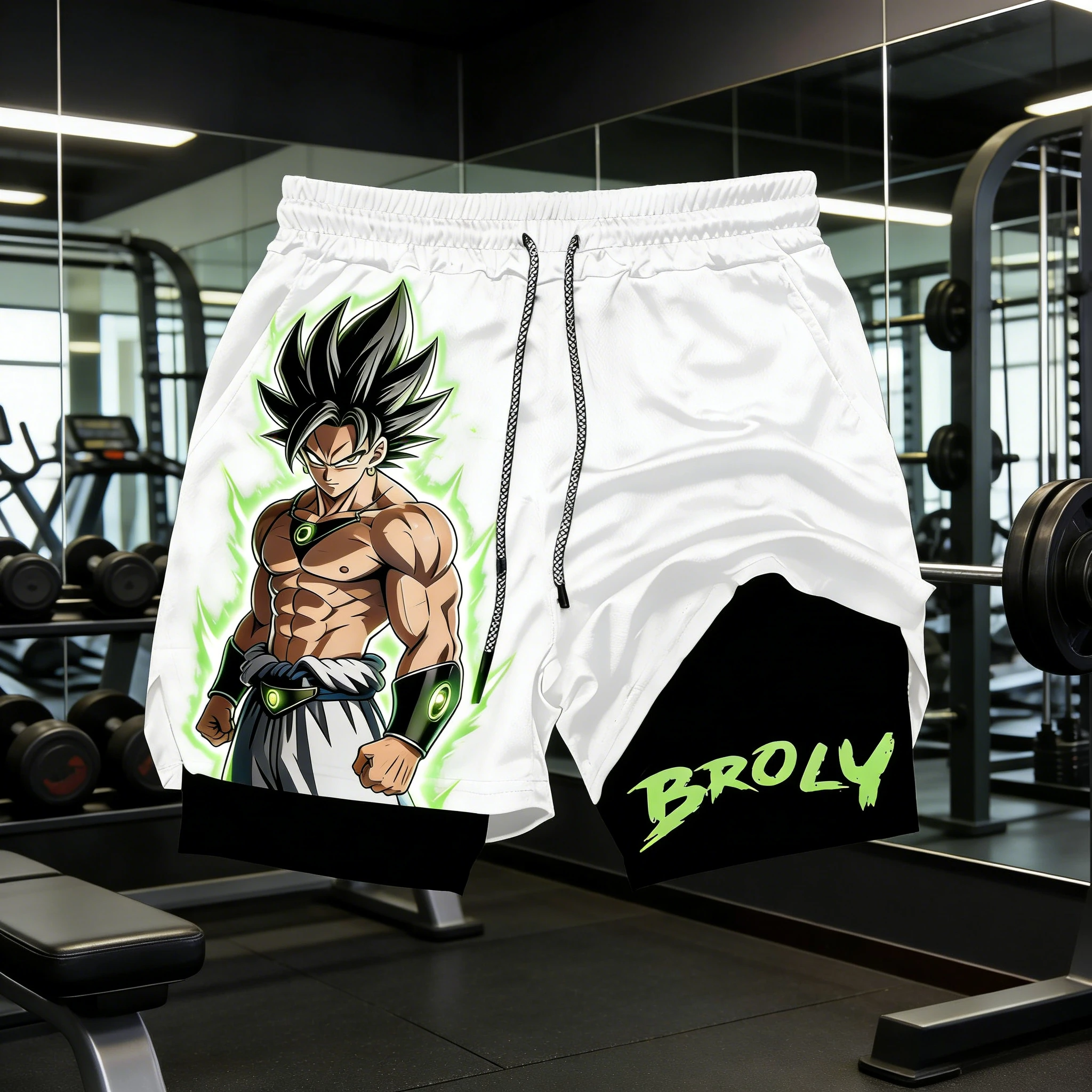 

Мужские быстросохнущие шорты для фитнеса Dragon Ball Broly 2026 Summer, большие размеры, двухслойные, с аниме-принтом, модная спортивная одежда