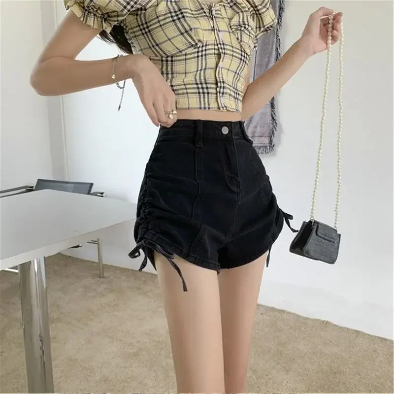 여름 Coquette Strappy Short Jean Pants 여성 하라주쿠 패션 신축성있는 저렴한 야외 디자인 XL 여성용 데님 반바지의 새로운 기능