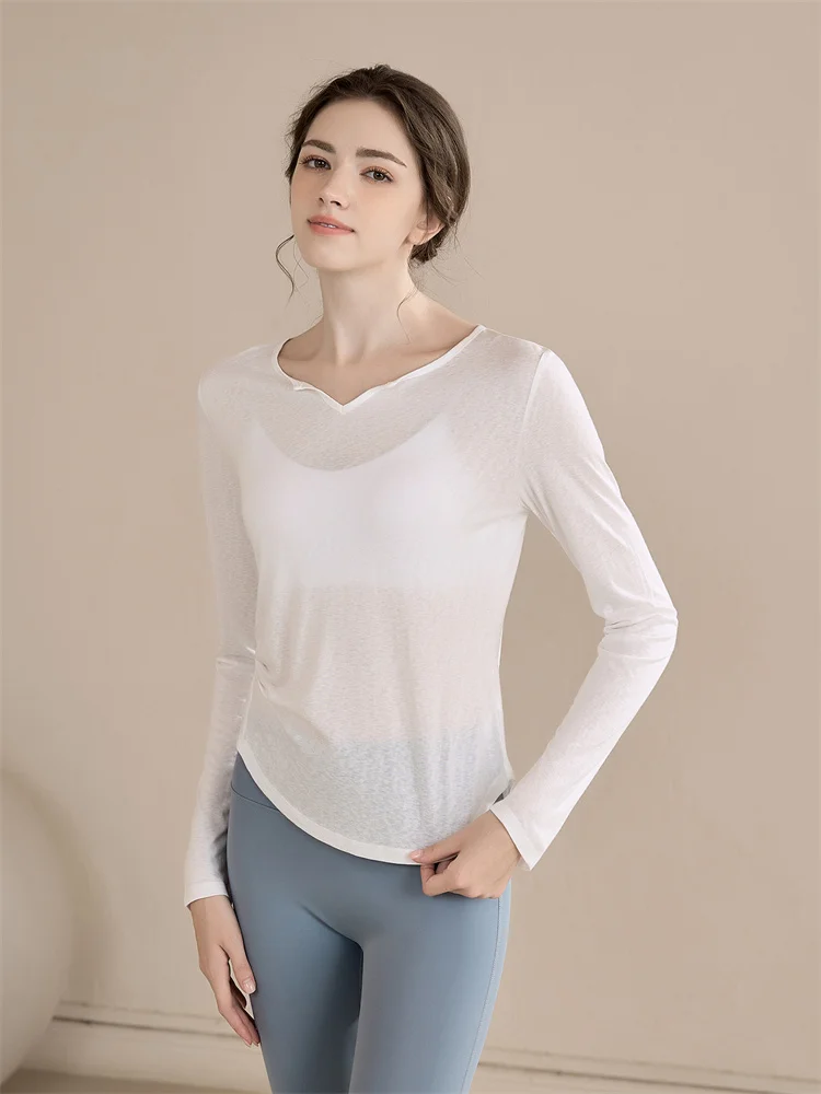 

Женский спортивный топ для йоги с длинным рукавом и V-образным вырезом, облегающий, быстросохнущий, для бега, осенне-зимняя новинка, из шелковой смеси Ocnltiy