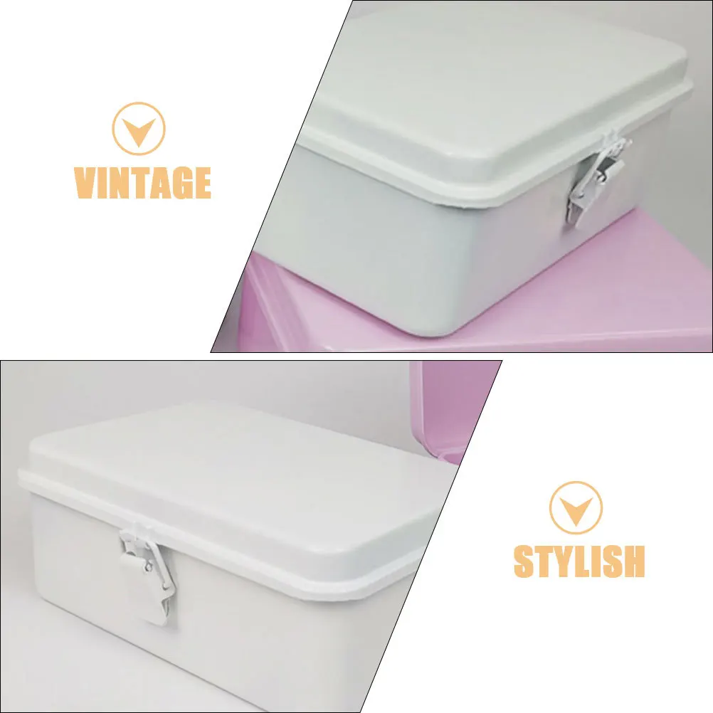 صندوق معدني أبيض عتيق، مشبك قابل للقفل، حاوية تخزين ذات سعة كبيرة من الفولاذ المدرفل على البارد لأدوات سطح المكتب والمكتب والمفكرة