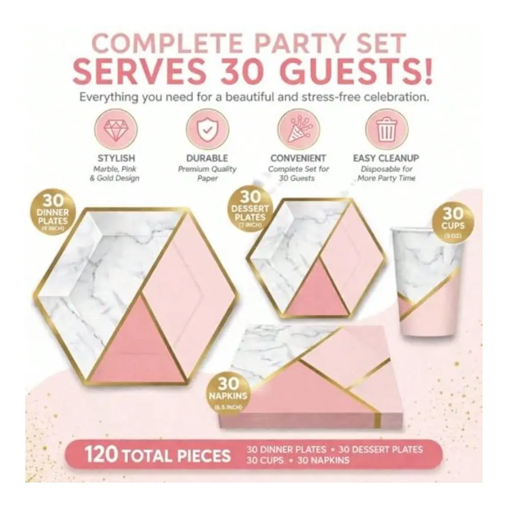 T120 Piece Pink And Gold Foil Hexagon Paper Plates Cups And Napkins For 30 Guests Floral Disposable Party Set For  Bridal Shower Birthday Tea Party Wedding CelebrationsI