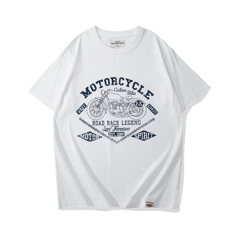 Summer Mens Letter Print Short Sleeve Tees Retro Motorcycle Printed Cotton T-shirt Casual Oversized Tshirts Tops