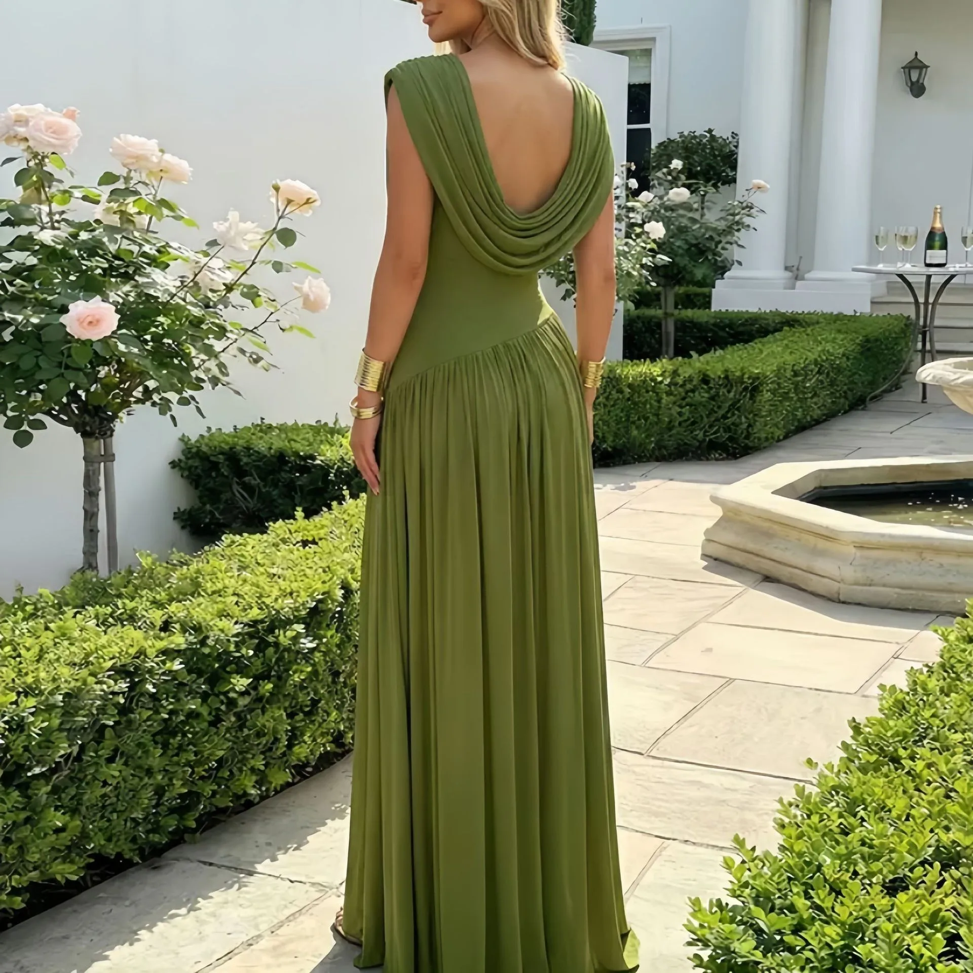 Pleated Sleeveless Gown Fitted Artistic Retro with Elegant Off Shoulder Slip on Spring Long Sleeveless Pleated Dress for Women