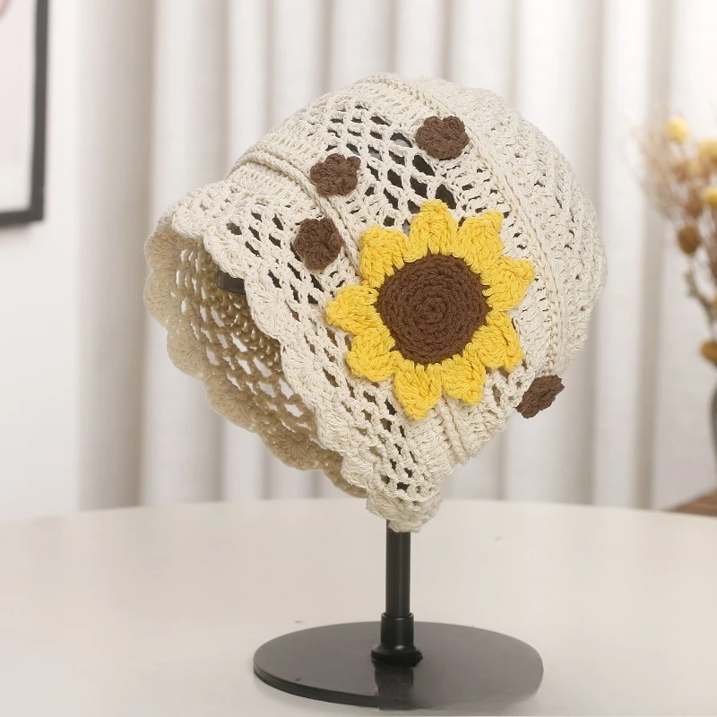 

Japanese Handmade Crochet Cut-out Pullover Cold Hat for Women Spring and Summer Small Fresh Thin Breathable Knitted Beanie Caps
