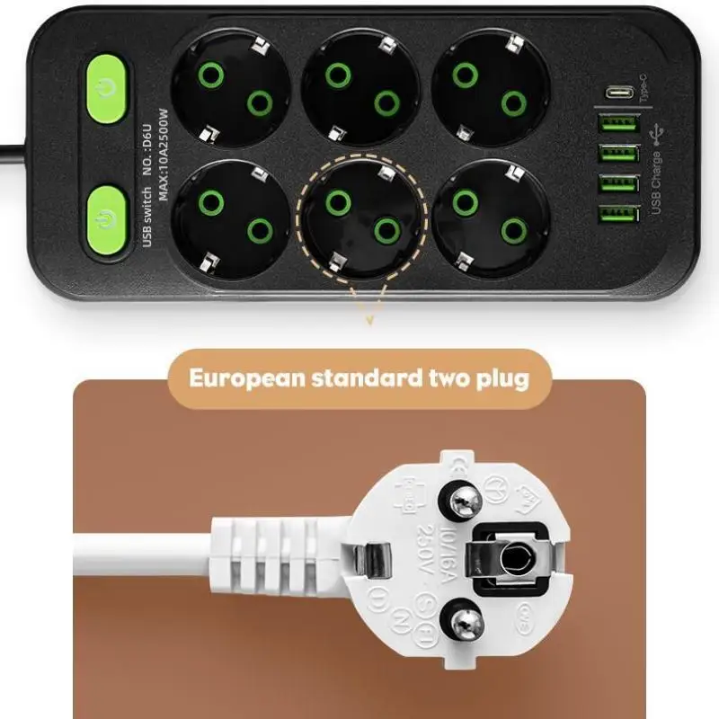 EU Plug AC Outlets Multitap Socket 2M Extension Cord Electrical Power Strip With USB Type C Fast Charging Network Filter Adapter