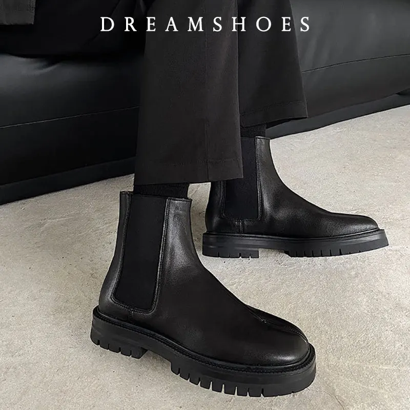 Split Toe Shoes Chelsea Boots Round Toe High Top Leather Boots Horseshoe Shoes Thick Soled Shoes