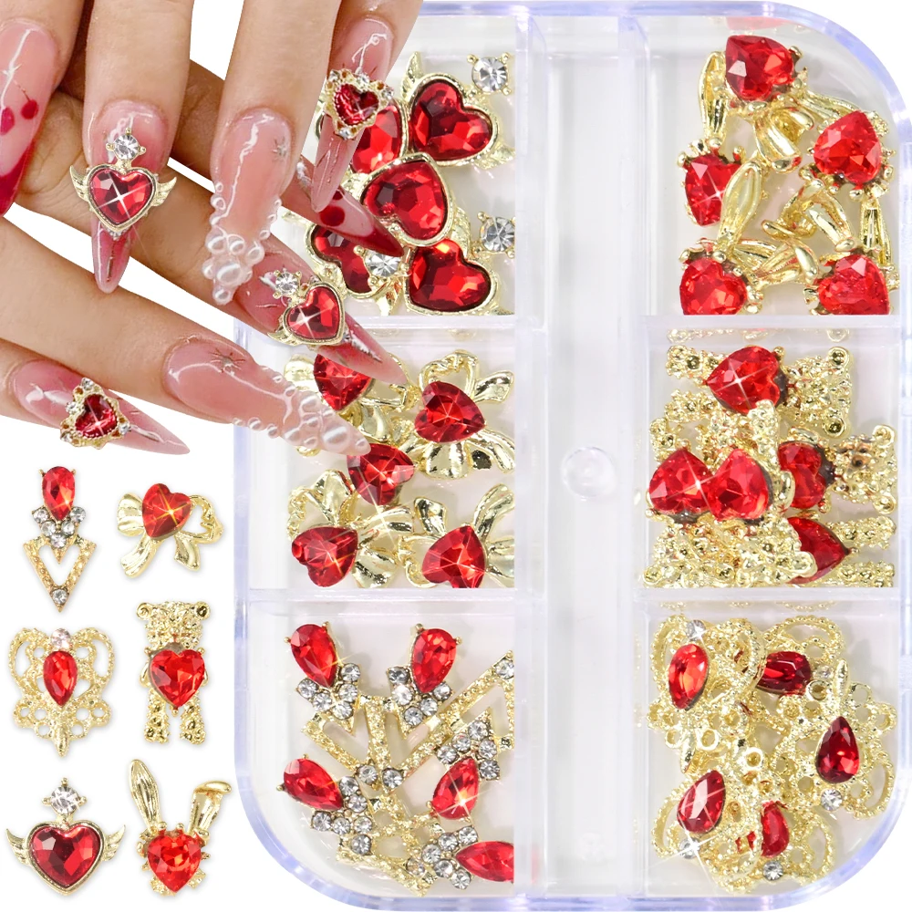 6칸 3D 럭셔리 메탈 합금 하트 지르콘 네일 아트 참 장식품, 홀로그램/리본/곰/토끼 모양, 레드 하트 글라스 라인스톤 네일 데코