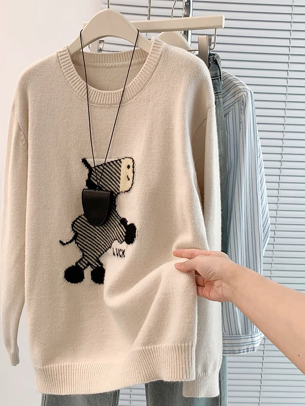 

Trendy Agel Long Sve Crew Ne Knitwear Outerwear Inner Match Cartoon Embroidery Loose Sle Women's Faion Autumn Winter
