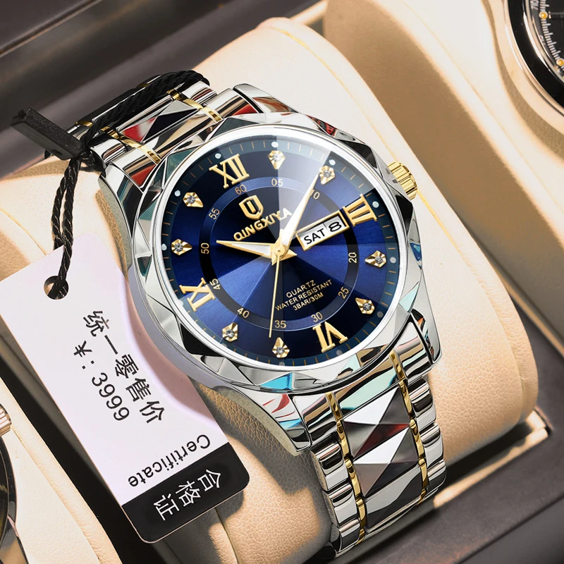 QINGXIYA Luxury Men Quartz Watch Waterproof Date Week Luminous Wristwatch Stainless Steel Men's Watches Male Clock Sports Reloj