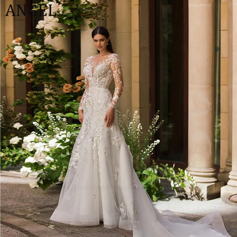 ANGEL Customized Trendy Wedding Dress 2026 A-Line Lace Appliques long sleeves Vestido De Noivas Mermaid Bridal Gowns for Bride