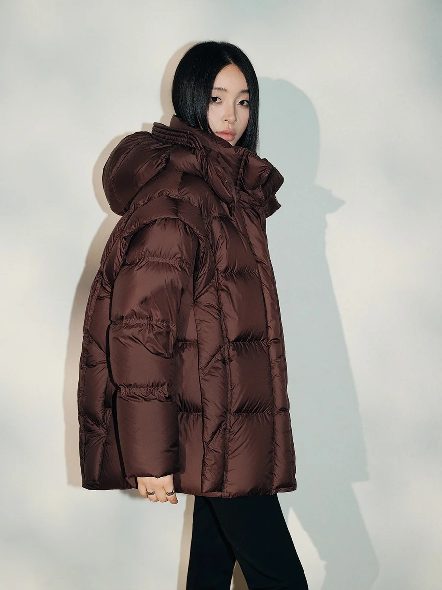 

Ley Brand Women's Thiened Winter Jaet 90 White Goose down Hooded Mid-Length Coat Memory Fabric Commute Sle Zipper Closure