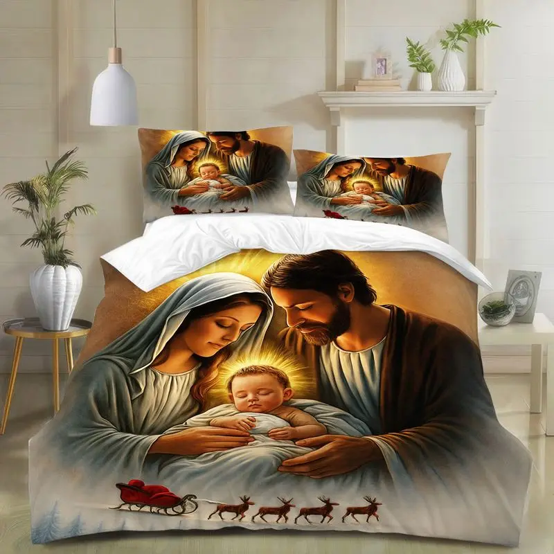 Set of 3 Nativity Scene Featuring The Holy Family, Christmas-Themed Duvet Cover And Pillowcase, with a Radiant Design