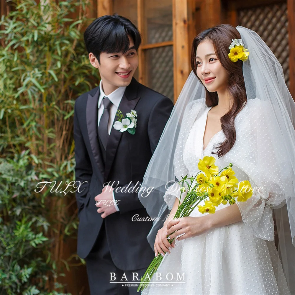 TULX robe de mariée en tulle à pois ivoire corée séance photo col en V manches longues une ligne longues robes de mariée Corset personnalisé ...........