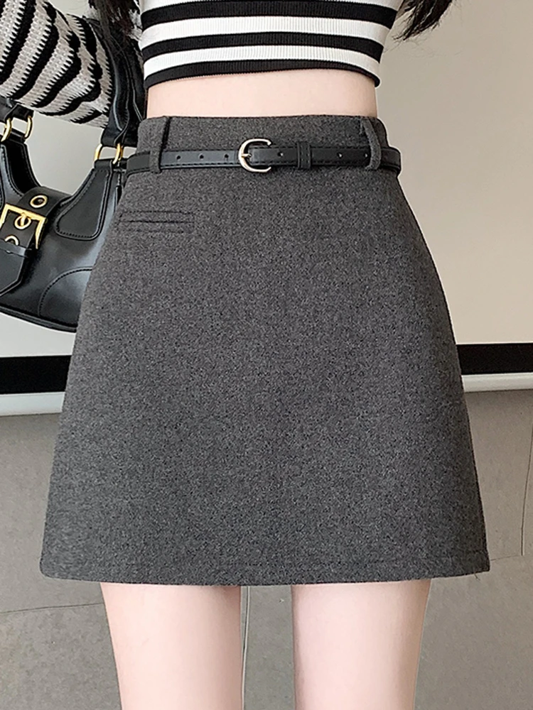 

Шерстяной костюм, полуюбка для женщин на осень и зиму, новинка 2023 года, утягивающая короткая юбка трапециевидной формы с высокой талией, повседневная обнимающая бедра