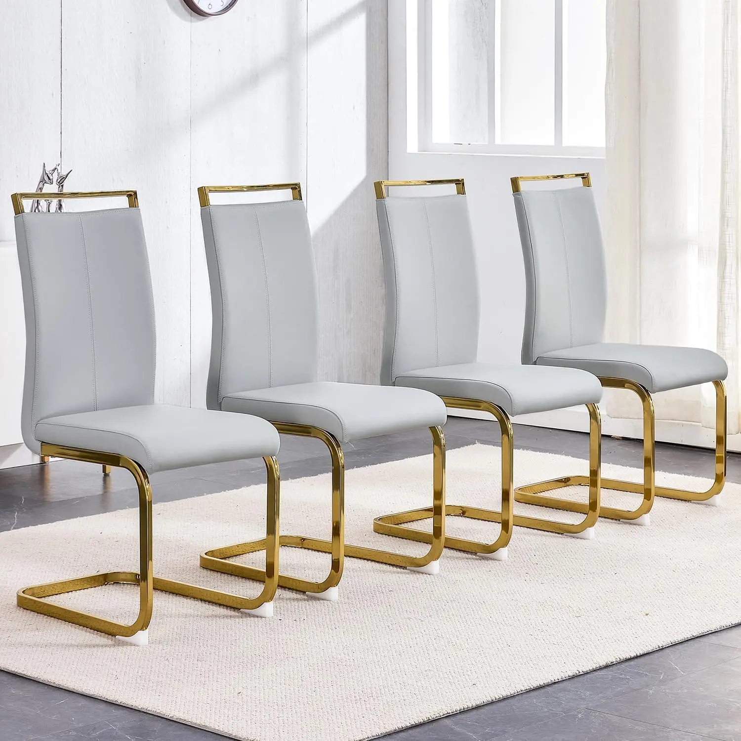 Modern Dining Chairs Set of 4 High Back Kitchen Chairs Faux Leather Side Chair with Gold Plated Metal Legs Gold Leg