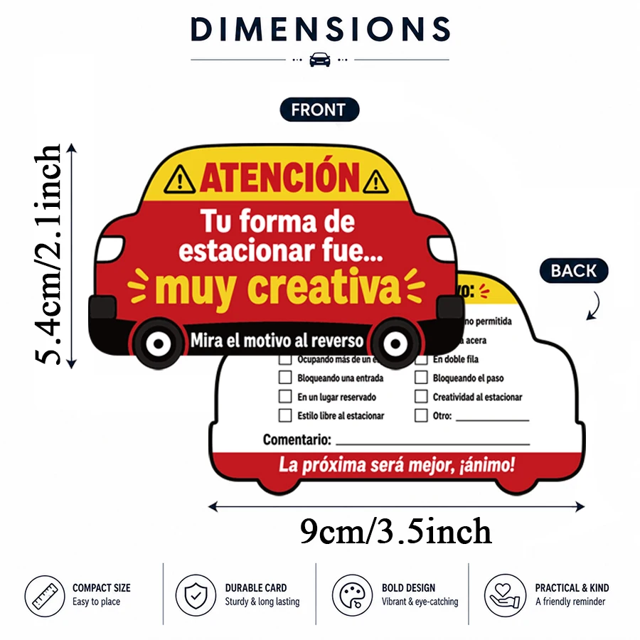 100 Pcs Spanish Parking Reminder Cards, Double Sided Car Shaped Warning Notes, Humorous Vehicle Parking Notice Cards