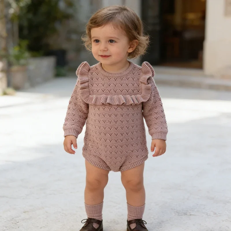 

2026 New Spring Toddler Baby Girl Knitted Romper Long Sleeved Solid Color 0-24M Infant Baby Girls Knitted Jumpsuit
