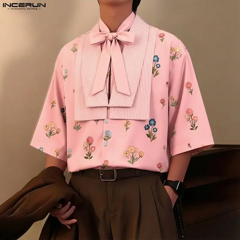 

INCERUN Men Shirt Flower Printing Patchwork Lace Up 3/4 Sleeve V Neck Tie Up Male Tops Streetwear Loose 2026 Casual Men Clothing