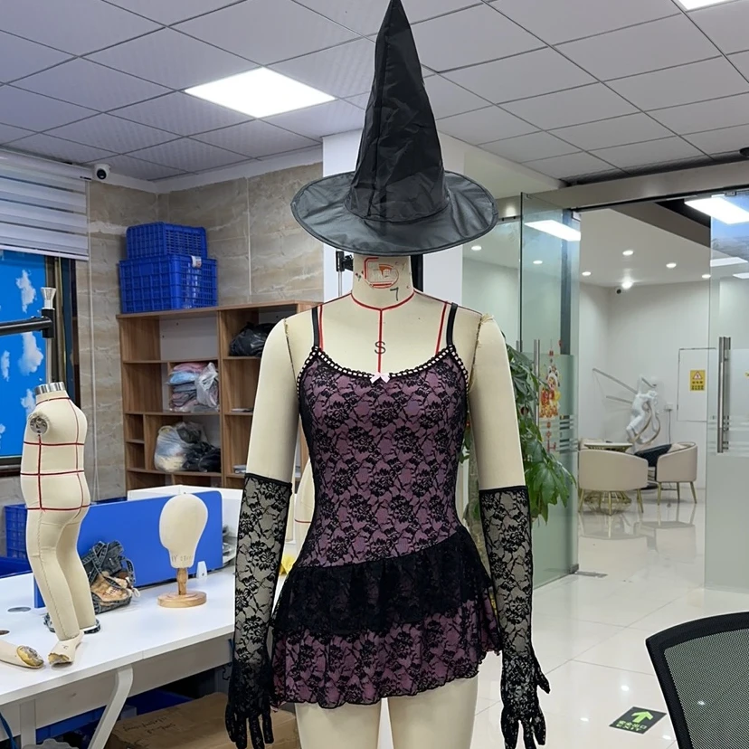 

Женский комплект кружевного нижнего белья с бантом на бретельках, мини-платье Babydoll, стринги с рукавами и шляпа ведьмы на Хэллоуин