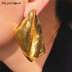 HUANZHI Vintage Metal Texture Irregular Leaf-shaped Geometric Large Earring for Women Statement Chunky Trend Jewelry 2024 New