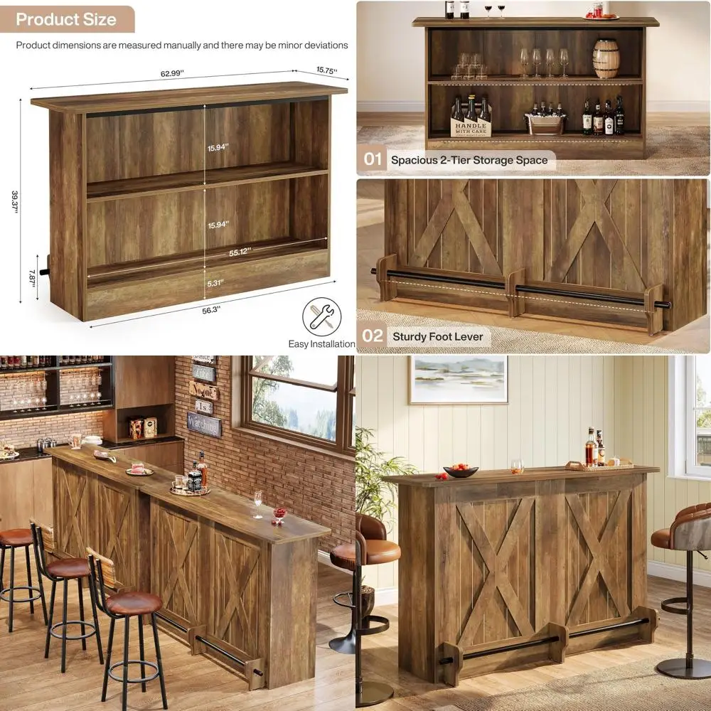 

Барный стол 63 дюйма, двухъярусный барный стол-тумба для паба с подставкой для ног, современный кофейный столик для домашней кухни, большой домашний модуль