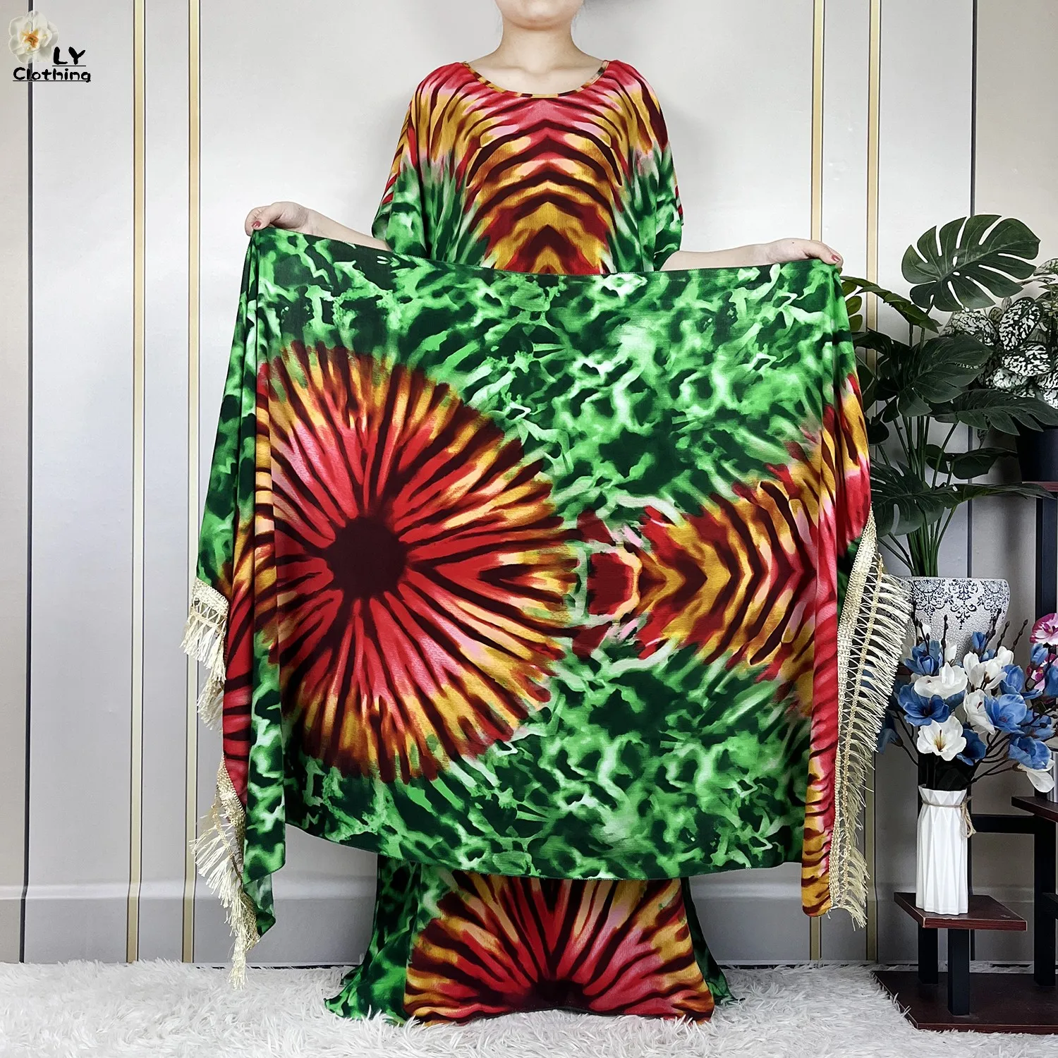 New Fashion Dress Short Sleeve With Big Scarf African Dashiki Printing Tie-dyed Cotton Boubou Maxi Islam Summer Women Loose Robe