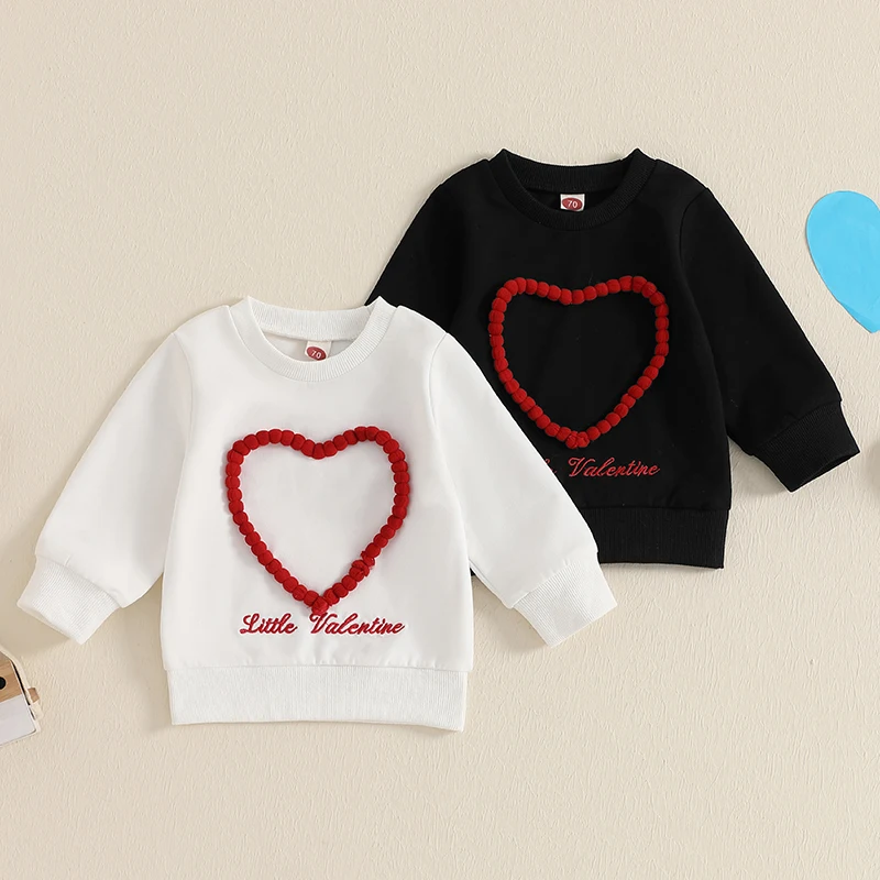 Toddler Valentines Day Sweatshirt Heart Letter Embroidery Crew Neck Long Sleeve Pullover Tops Casual Streetwear for Boys Girls