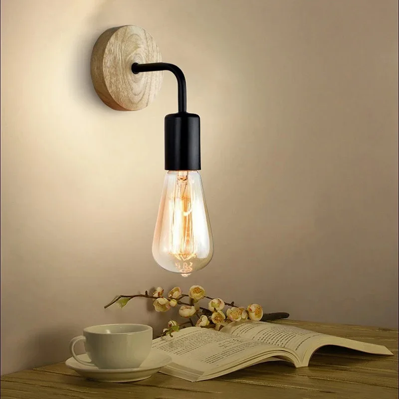 Wood Wall Lamp Vintage Industrial Wall Lights Dimmable Retro E27 Light Bulb Wall Light For Home Loft Indoor Decor Fixtures image 5