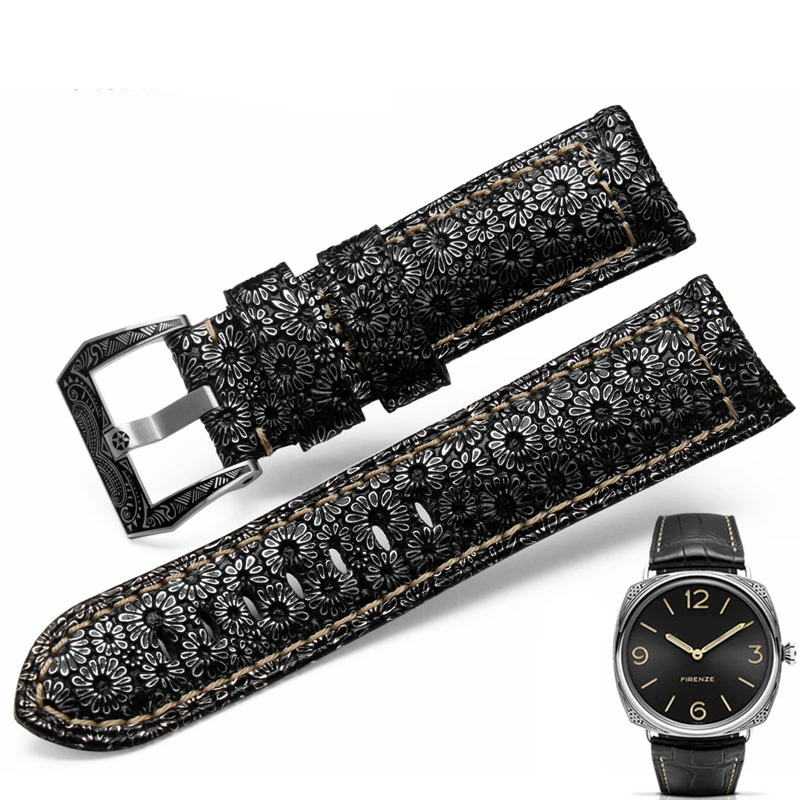 For Panerai Breitling Genuine Leather Watch Strap Sunflower Patterned Vintage Cowhide Men Watchband Bracelet 22mm 24mm 26mm