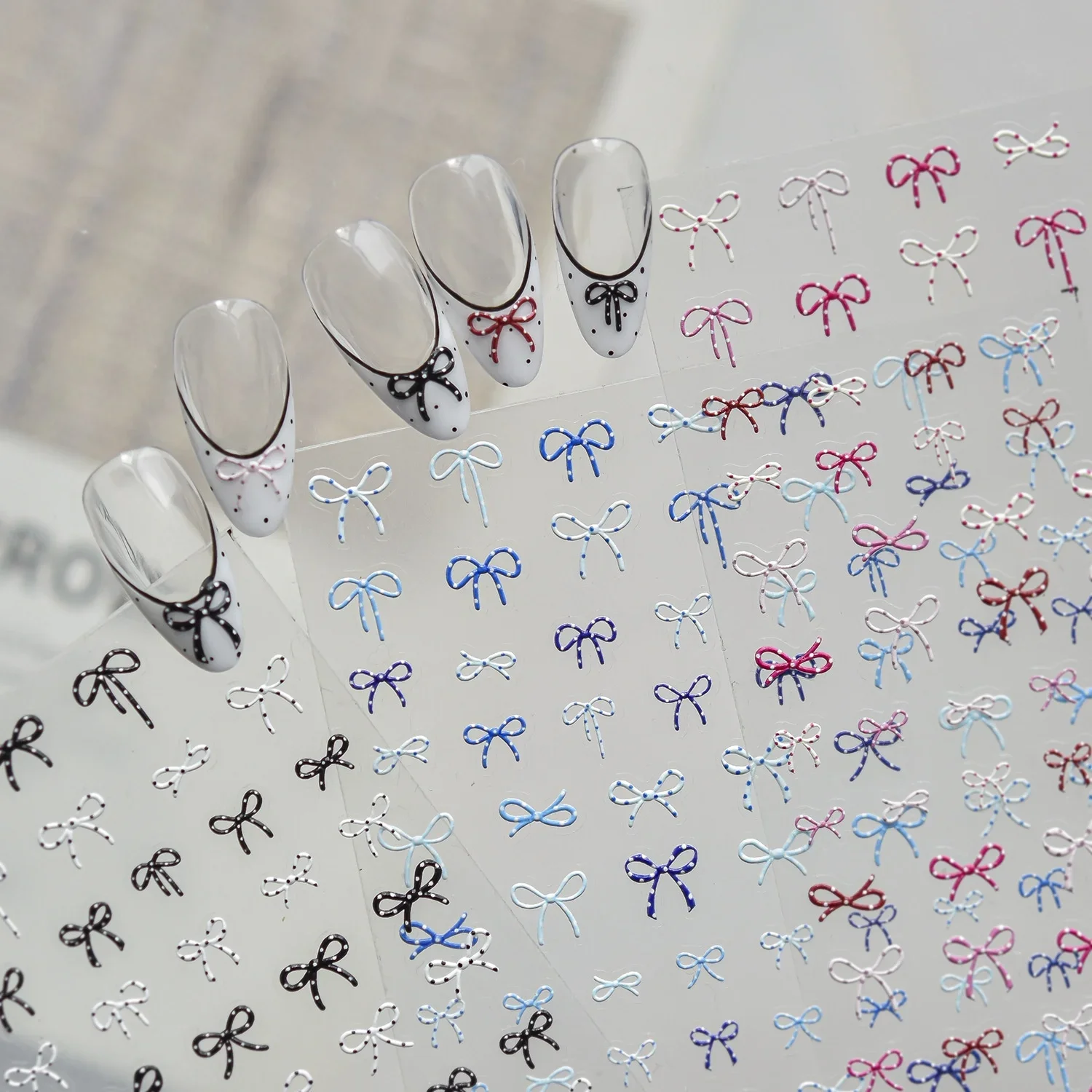 Multi-color Bow Ribbon Knot Tie Bow Elegant French 5D Embossed Nail Stickers Self-Adhesive Nail Art Decals Manicure for Women