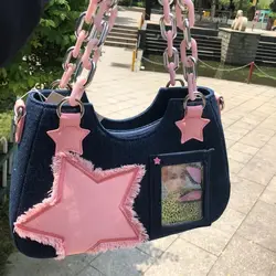 JIAERDI Vintage Denim Ita Bag Harajuku Pink Star Y2k Women's Shoulder Bag Japanese Underarm Bag Famale Aesthetic Chain Handbags