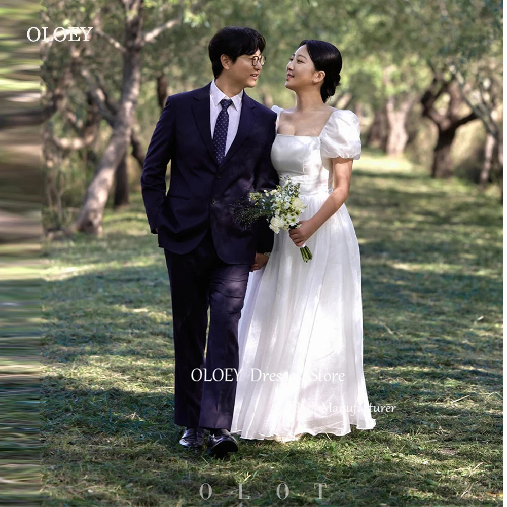 

OLOEY Simple A Line Organza Wedding Dresses Photoshoot Korea Puff Short Sleeves Square Neck Floor Length Bridal Gowns