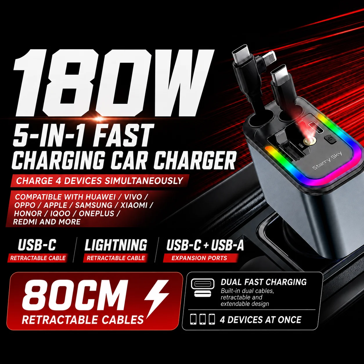 180W Retractable Car Charger 5 in 1 Dual USB C Lightning Cables PD Fast Charging 80cm RGB Starry Sky Light