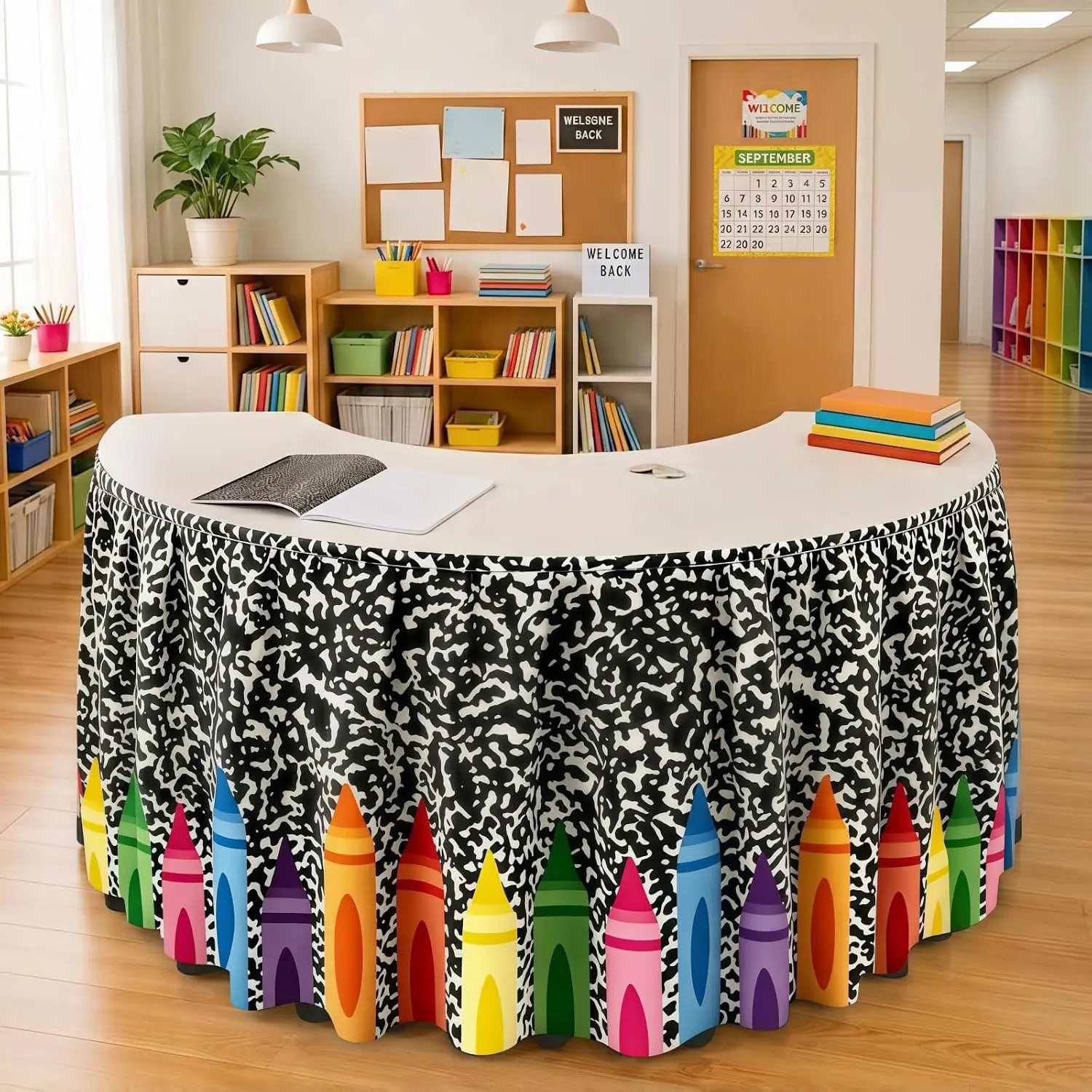 9-Foot teacher's table skirt, ruffle-trimmed table skirt without punching or drilling, colorful multi-layer curtain decoration
