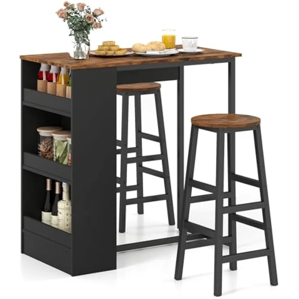 

3-Pieces Bar Table Set, Rectangular Dining Table and 2 Chairs with Storage Shelves, Kitchen Set for Small Space, Breakfast Nook