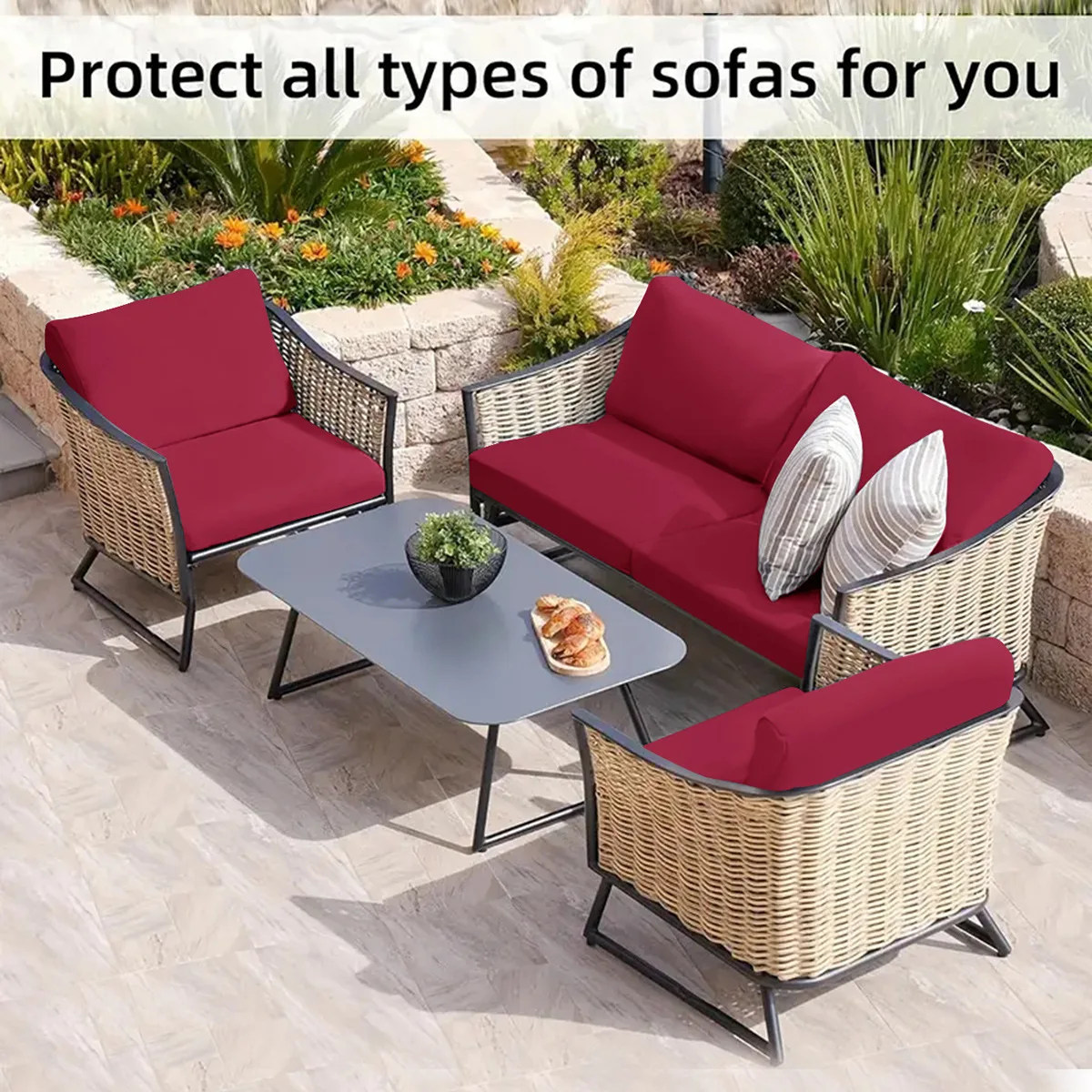 Elastic Full Wrap Outdoor Rattan Sofa Cushion Cover Water Repellent Washable Patio Seat Cover For Garden Terrace Sectional Couch